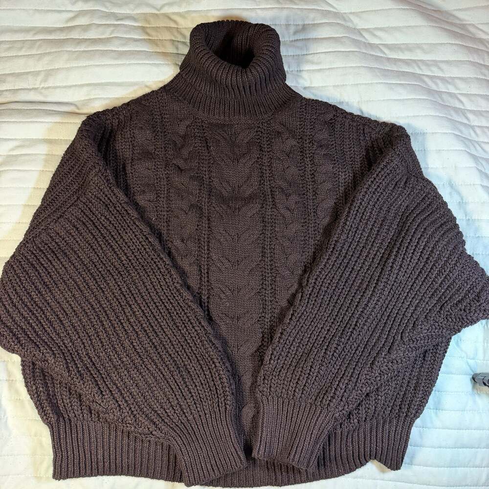 Brave Soul chunky cable knit high neck turtleneck sweater in charcoal gray